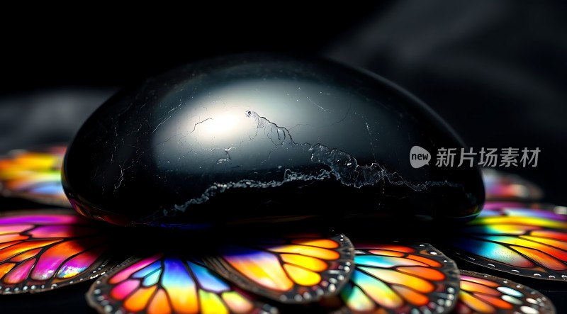 黑色石头与多彩蝴蝶翅膀