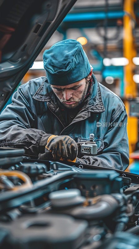 机械师专注检修汽车引擎