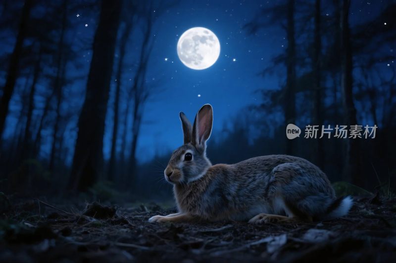 夜晚森林中的兔子与满月