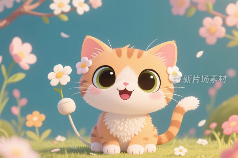 卡通小猫与花朵插画