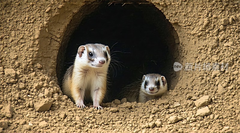两只可爱的小动物从洞穴中探出头来