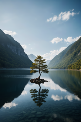 湖中央的岩石上一棵孤树高清风景图片