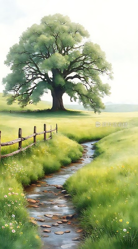 绿意盎然的小溪旁大树下的宁静时光