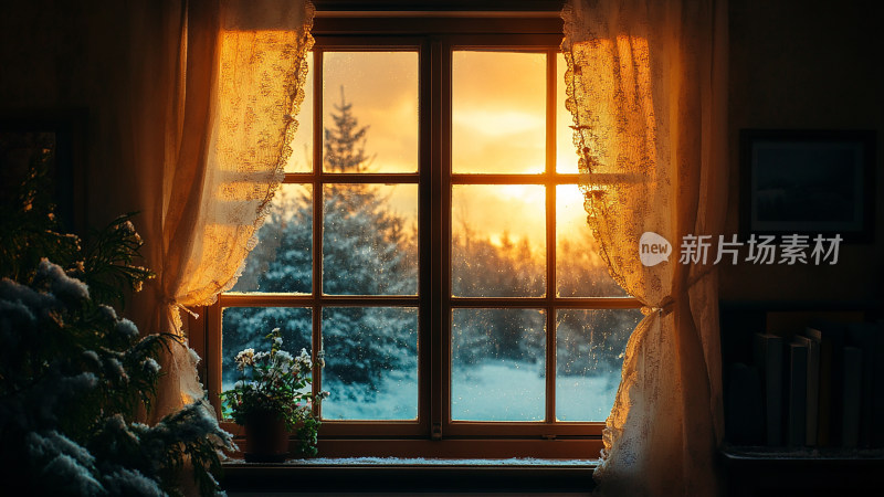 冬日窗户外的雪景