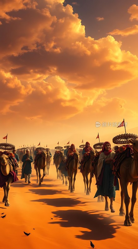 驼队穿越金色沙漠