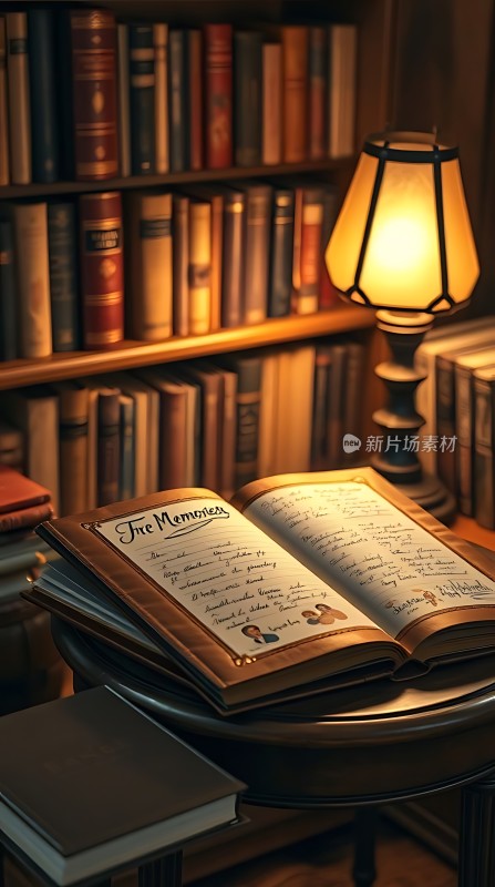 书桌上的回忆一盏灯、一本打开的书和满架书籍