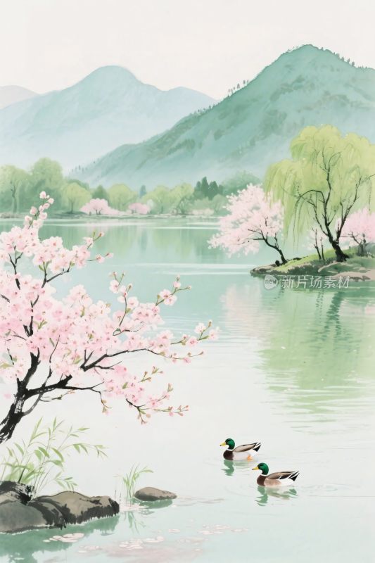 山水湖景水墨画