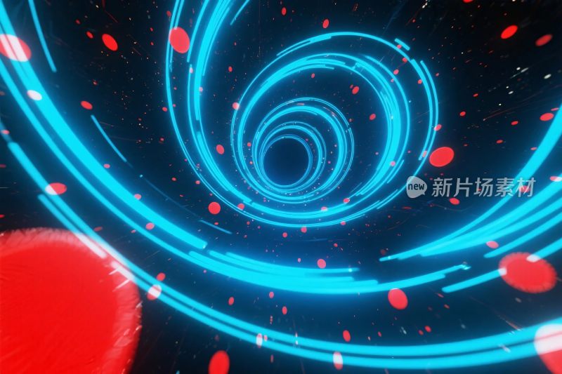 蓝色螺旋光轨与红色粒子插画