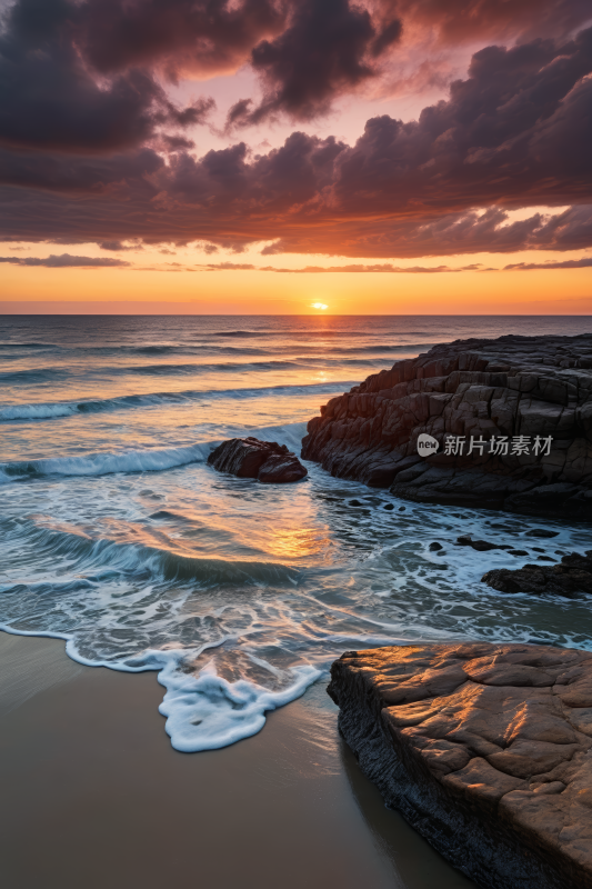 海洋上的日落海浪拍打在岩石上高清风景图片