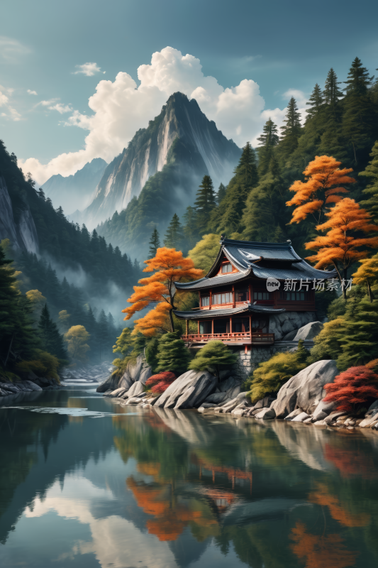 有房子和河流山景高清插画图片