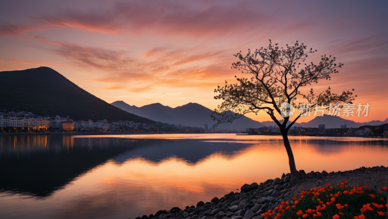 夕阳黄昏一棵树风景风光高清图片