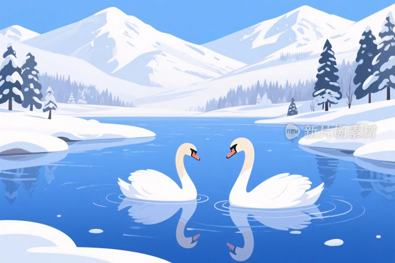 冬季山水天鹅雪景插画