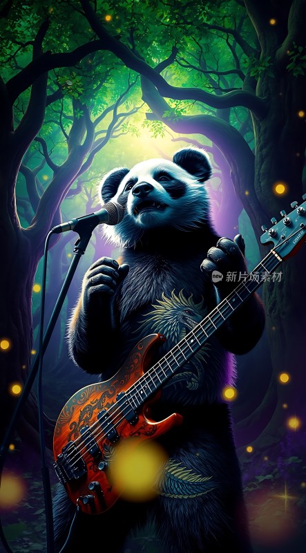 熊猫弹吉他森林音乐会