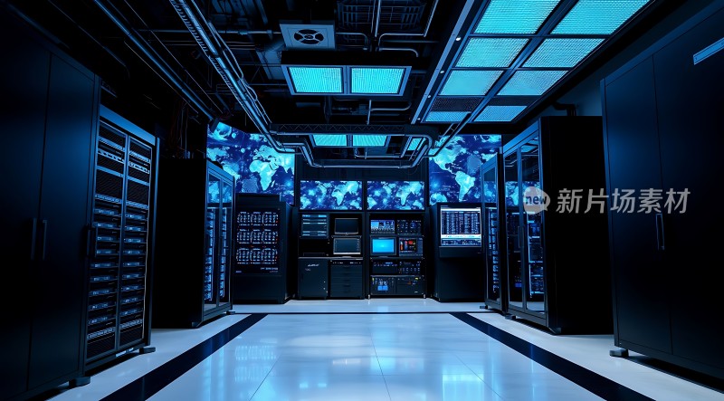 科技感数据中心蓝色灯光下的服务器集群