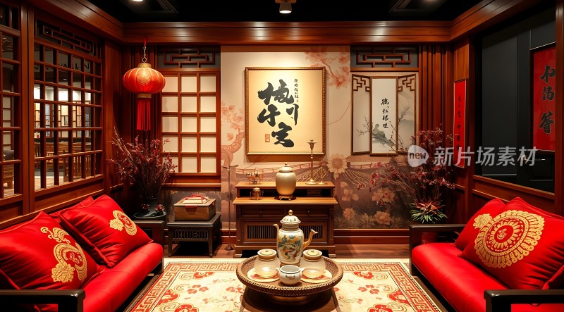 古风雅室红木家具显奢华；书法绘画添韵味红色沙发映衬出温馨