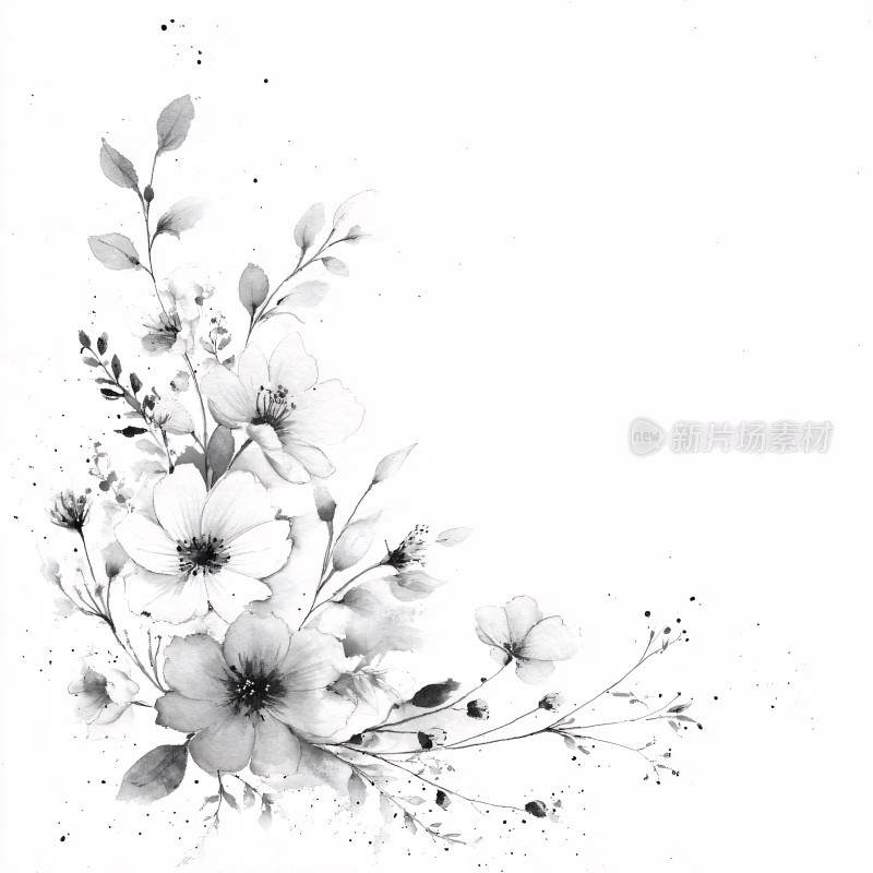 黑白花卉插画角落装饰图