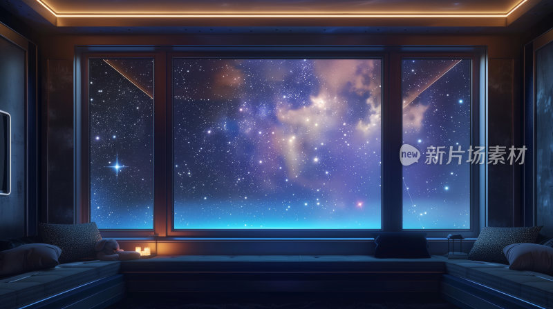 从全景落地窗看出去的宇宙空间和星云的景象