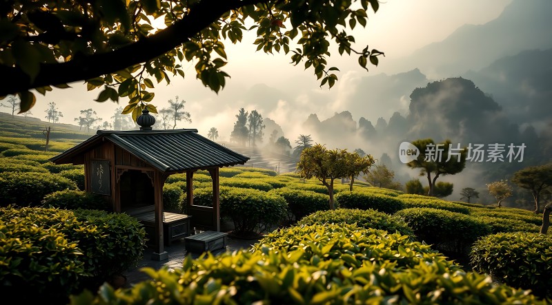晨雾中的茶亭美景