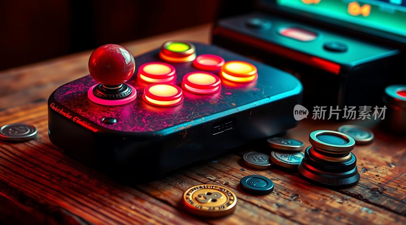 复古街机游戏手柄与硬币