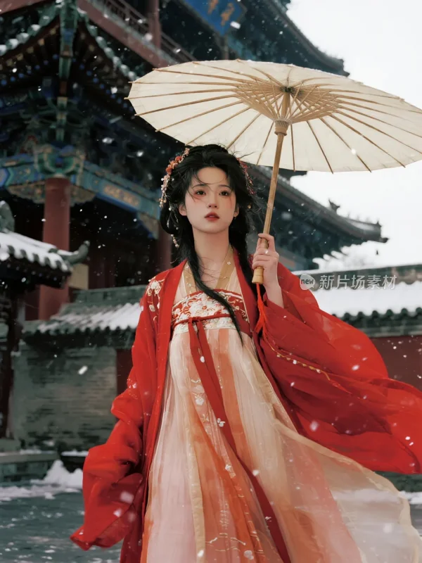 雪中红衣佳人撑油纸伞