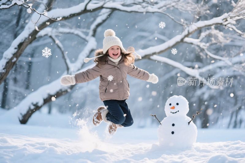 小孩玩雪人冬景