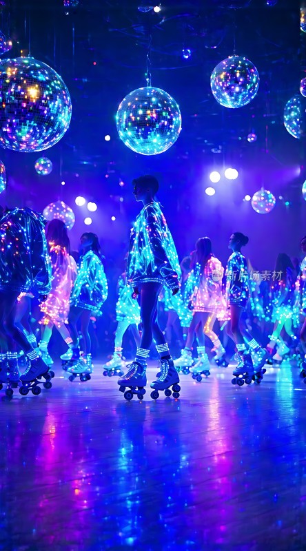 霓虹灯光下的活力滑轮舞者