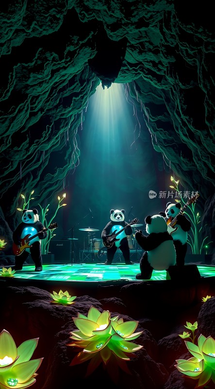 熊猫乐队在洞穴中演奏音乐