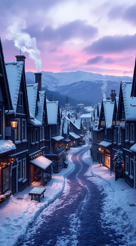 雪夜小镇温馨宁静