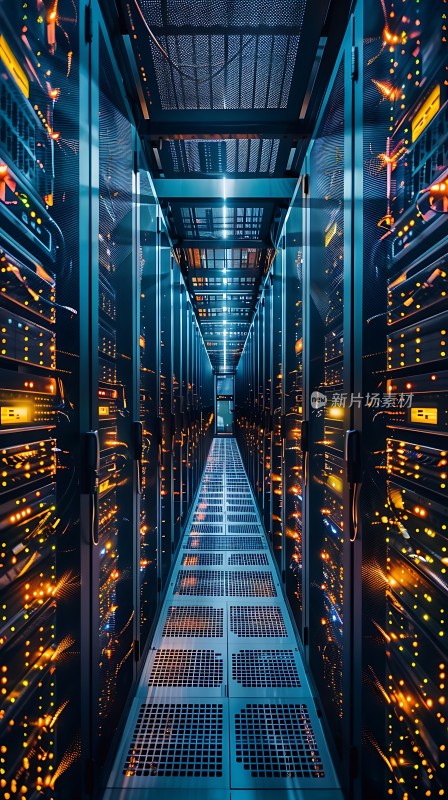 数据中心内部服务器排列整齐灯光闪烁