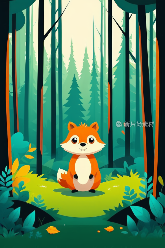 树林里有树木和草的狐狸的插图背景纹理图片