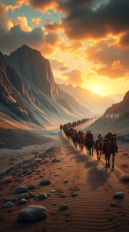 日落驼队穿越沙漠峡谷
