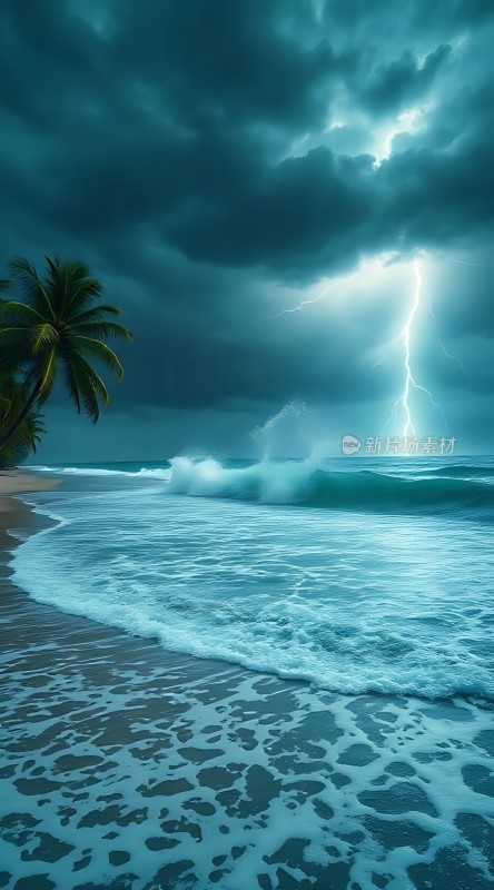 椰林海浪闪电风暴