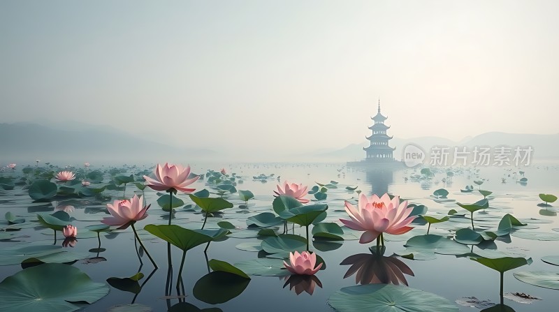 湖畔荷花映古塔