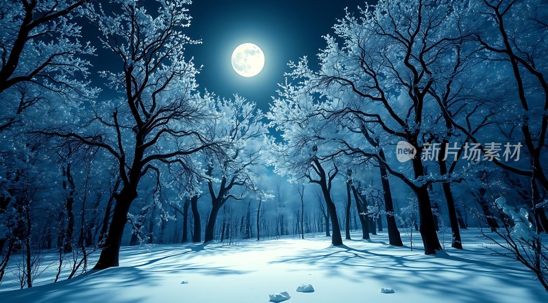 雪夜月下静谧森林