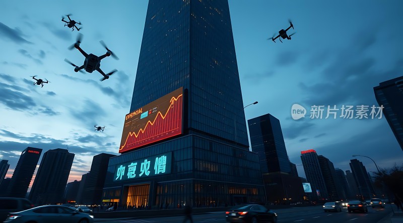 未来之城摩天大楼与无人机共舞