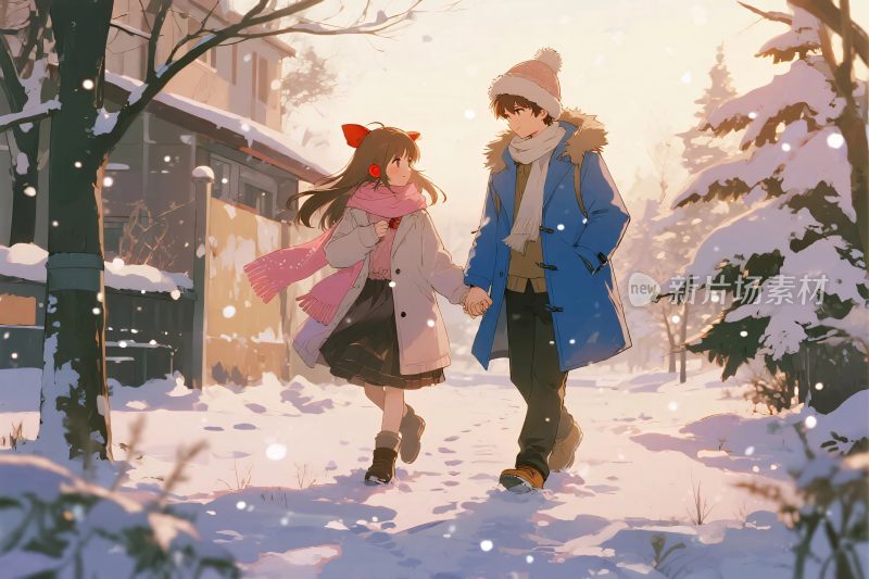 雪地牵手冬日插画