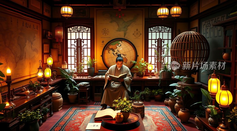 古风书房里的学者