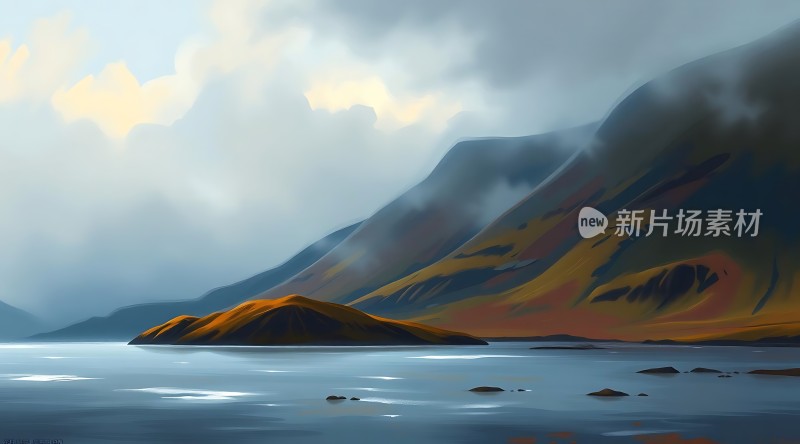 晨曦映照湖畔山色