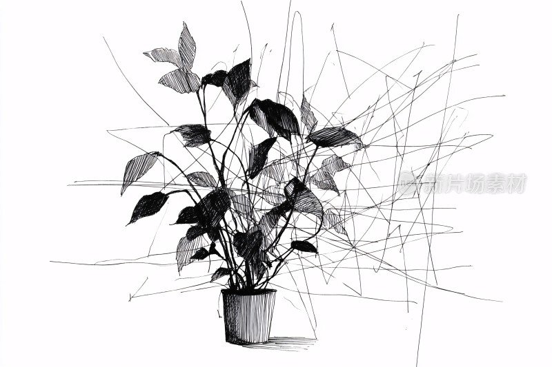 黑白手绘盆栽插画