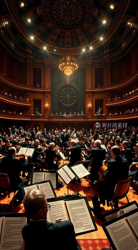 交响乐团演奏现场华丽大厅音乐家们专注演奏