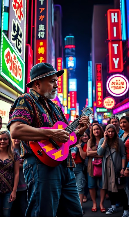 街头艺术家与霓虹灯下的观众互动