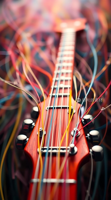 红色吉他与彩色线交织的艺术作品