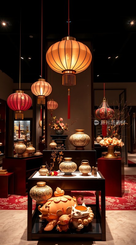 古风瓷器与灯笼展示