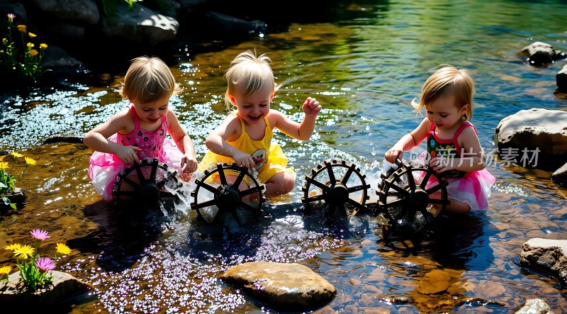 三个小孩玩水车
