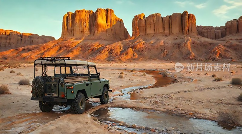 沙漠探险之旅越野车穿越溪流背景是壮丽峡谷