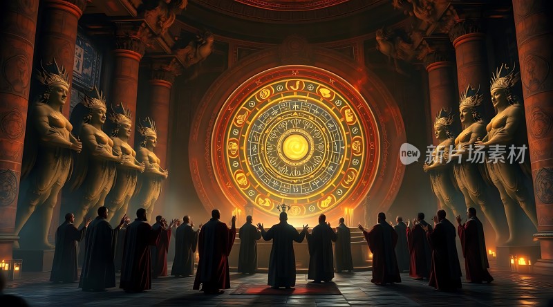 神秘祭司围聚古老神殿共同祈求光明力量降临