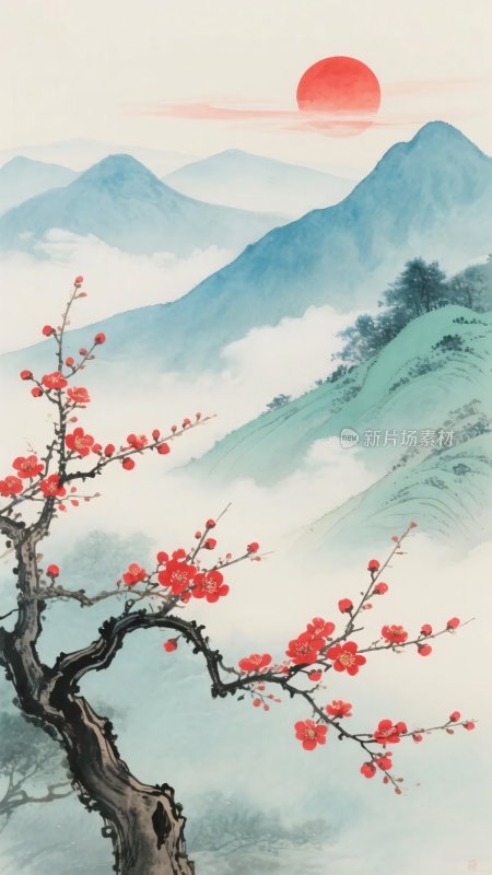 红梅映日山水国画