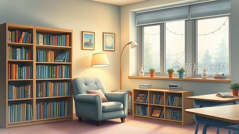 温馨书房书籍、沙发与自然光营造宁静阅读空间