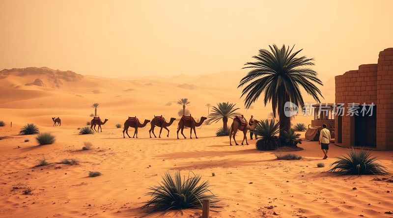 沙漠驼队行进图