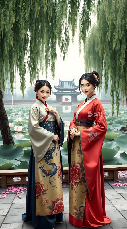 汉服佳人荷花池畔古典优雅